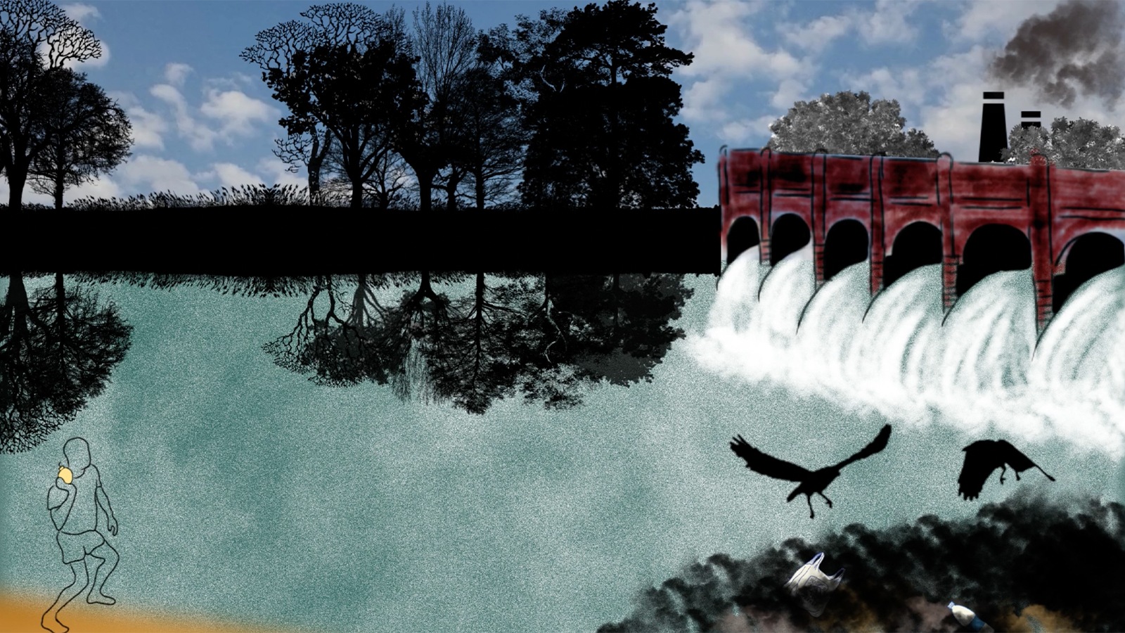 Illustration of damage to the Denison’s barb’s freshwater habitat in the Western Ghats, India.