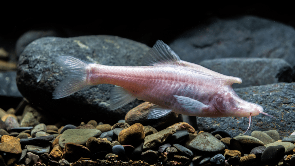 A photograph of a pale white fish with no eyes and a horn, swimming underwater.