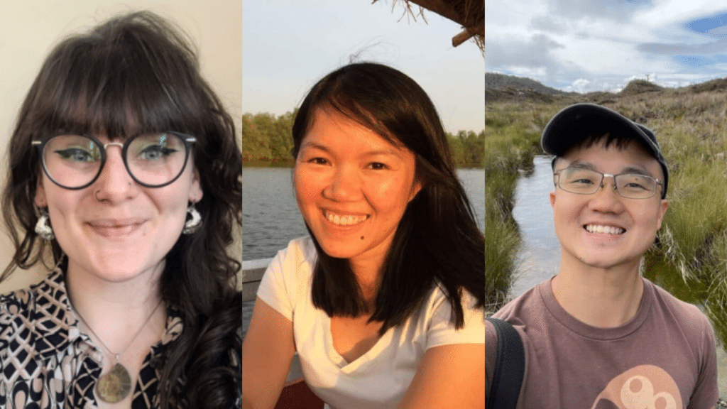 A photograph of three team members at SHOAL, left to right Georgie Bull, Chouly Ou and Nathaniel Ng