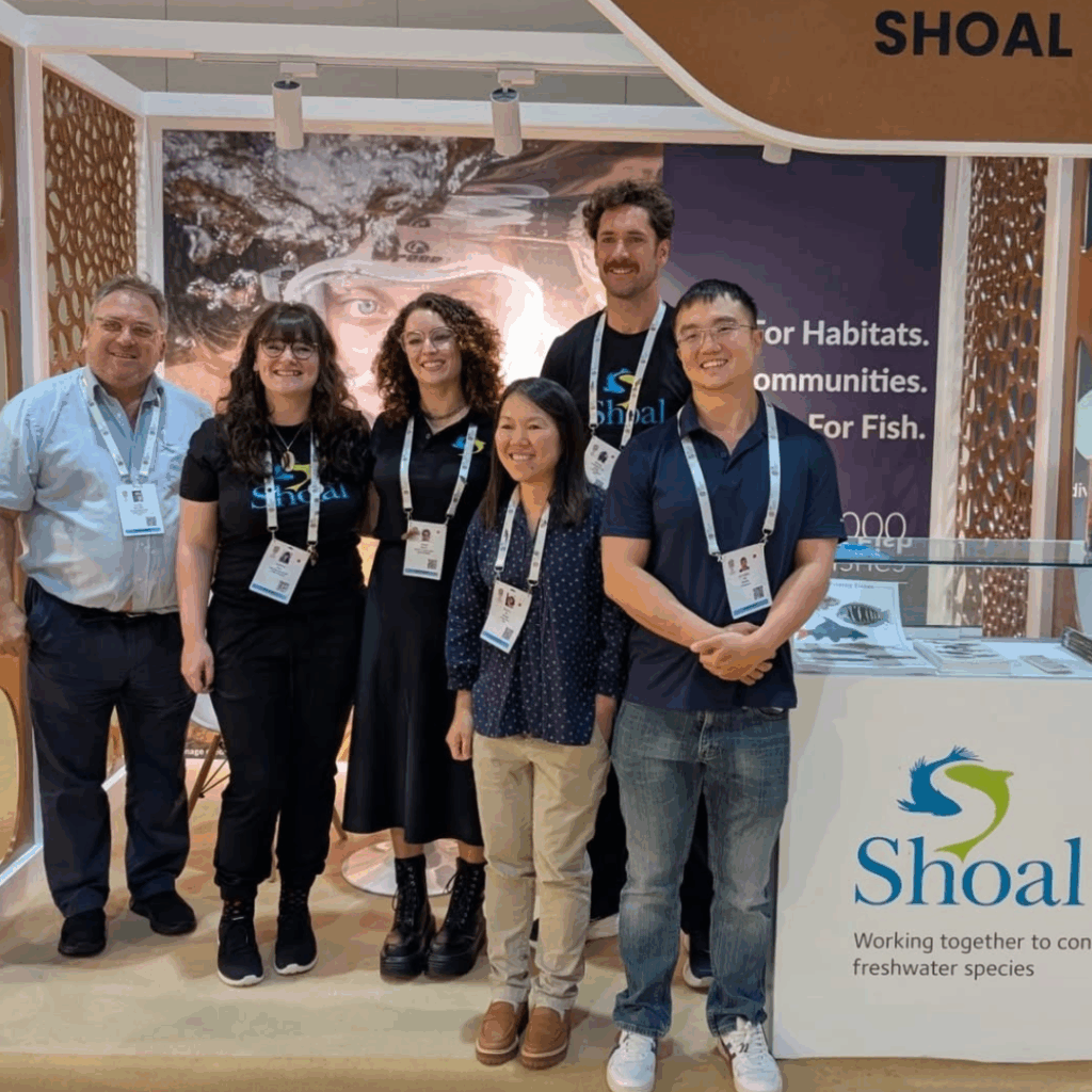 Mike, Georgie, Grace, Michael, Chouly and Nathaniel from SHOAL standing at the SHOAL booth at IUCN World Conservation Congress 2025, smiling at the camera.